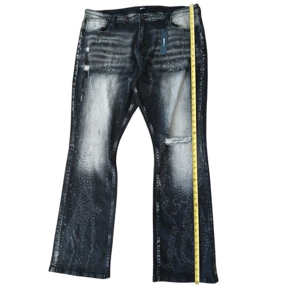 Nova Mens Black Jeans Sz 42 Switch Up The Flow Stacked Slim Fade Detail Distress - Picture 10 of 16